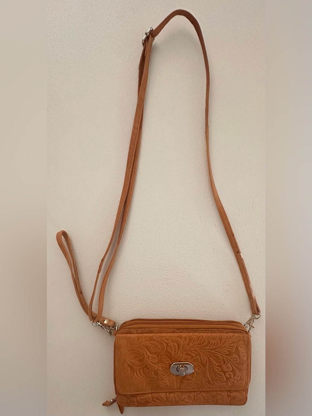 Bueno Brown Floral-Embossed Crossbody Bag